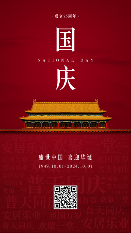 红色大气72周年国庆节祝福词云手机海报
