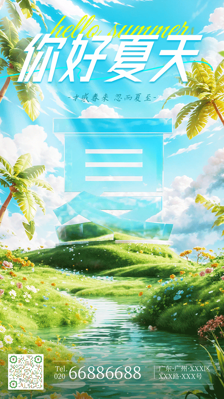 3D风夏天你好祝福宣传动态手机海报
