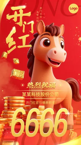 红金风马年开门红喜报战报手机海报
