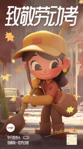 3D风五一劳动节祝福问候致敬劳动者手机海报