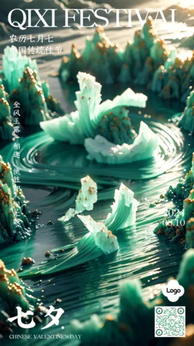 3D翡翠玉石风七夕祝福手机海报