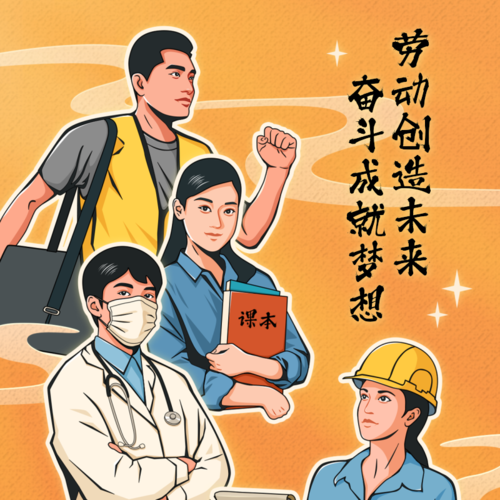 复古插画风劳动节多职业人物祝福方形海报