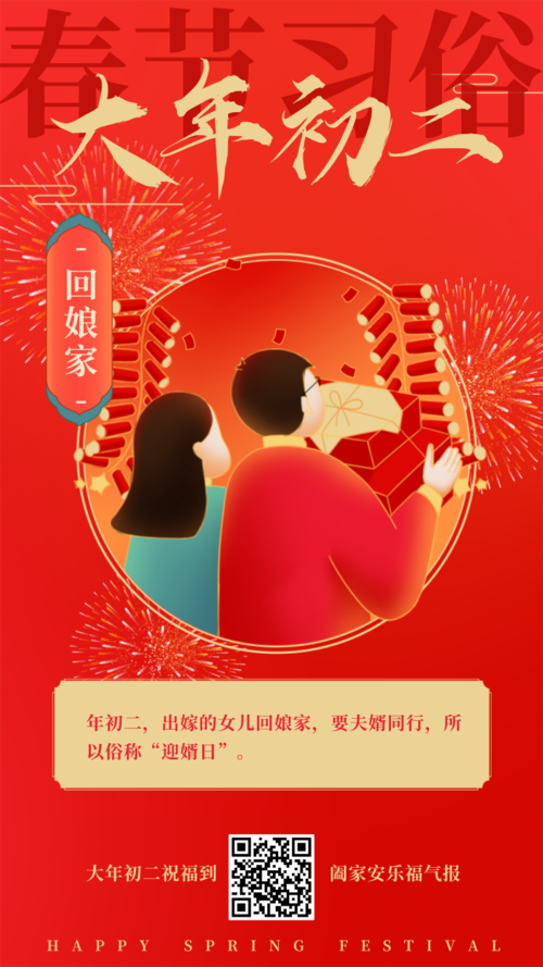 手绘风春节习俗祝福初二手机海报