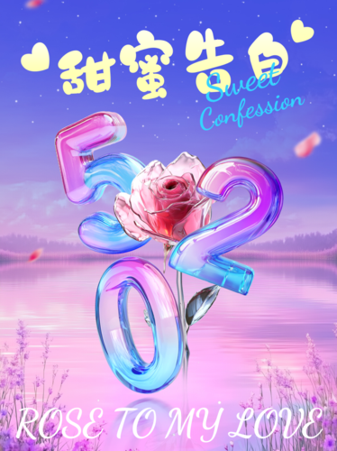 3D风缤纷520情人节祝福浪漫感海报AIGC520甜蜜告白小红书配图