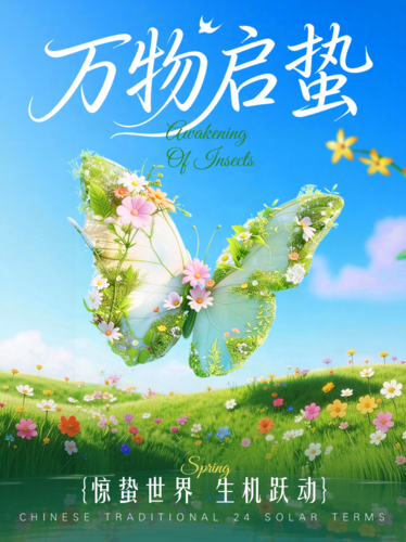 清新风梦幻感惊蛰节气植物蝴蝶花朵海报小红书配图