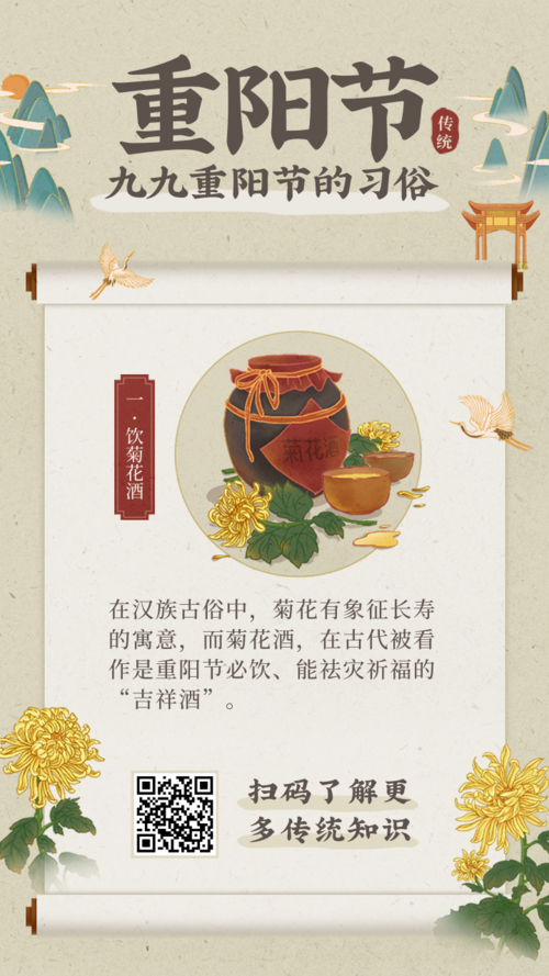 中国风手绘重阳节习俗喝菊花酒手机海报