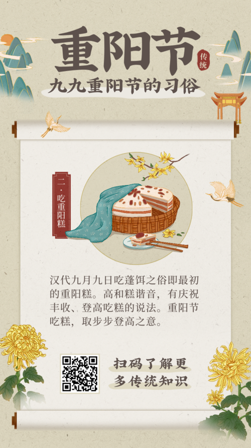 中国风手绘重阳节习俗吃重阳糕手机海报