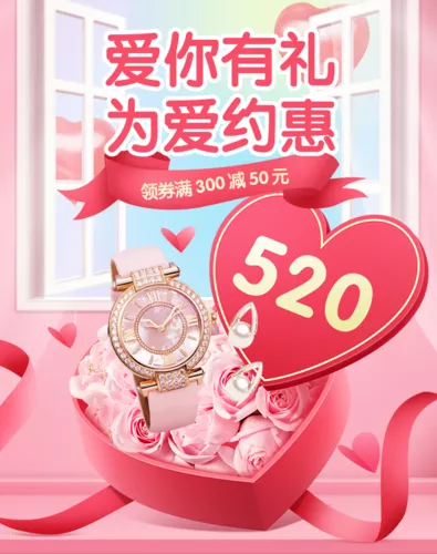 粉色手绘风520通用电商活动促销移动端竖版海报