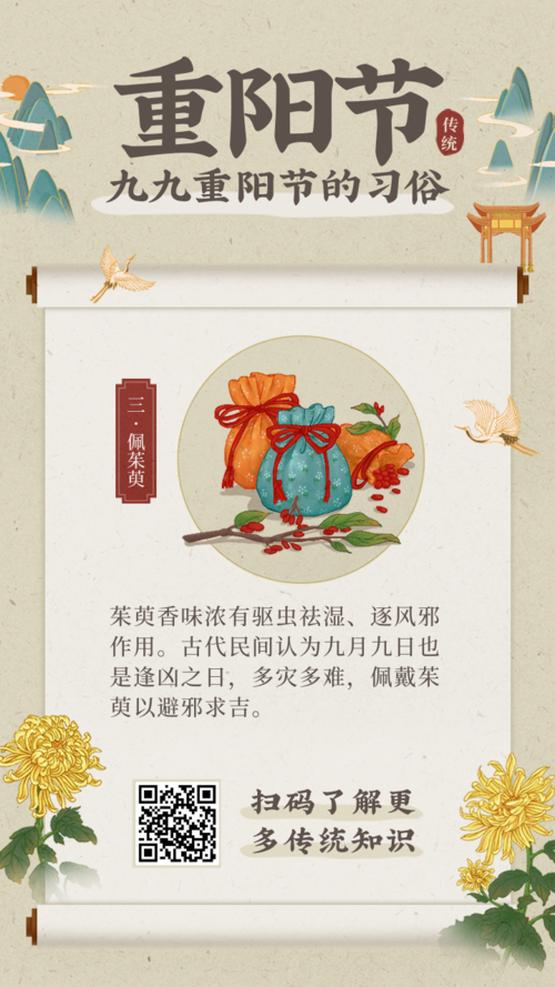 中国风手绘重阳节习俗佩茱萸手机海报