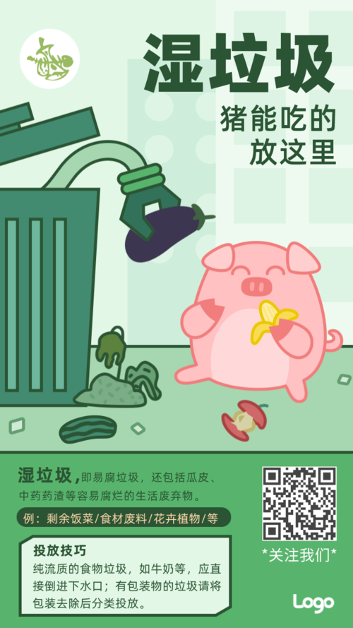 卡通可爱风垃圾分类湿垃圾海报