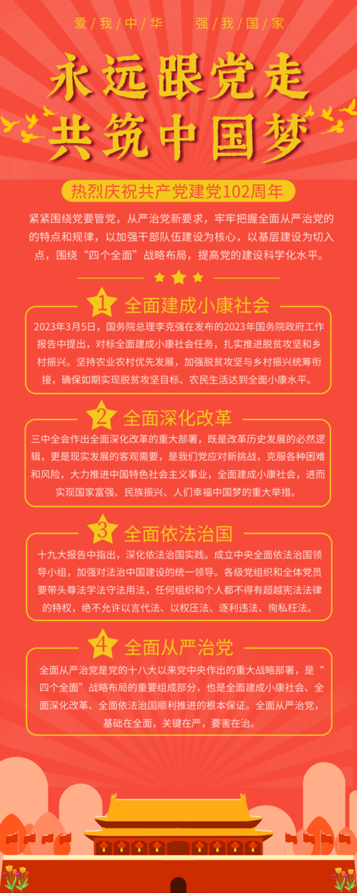 红色中国风手绘天安门七一建党节长图