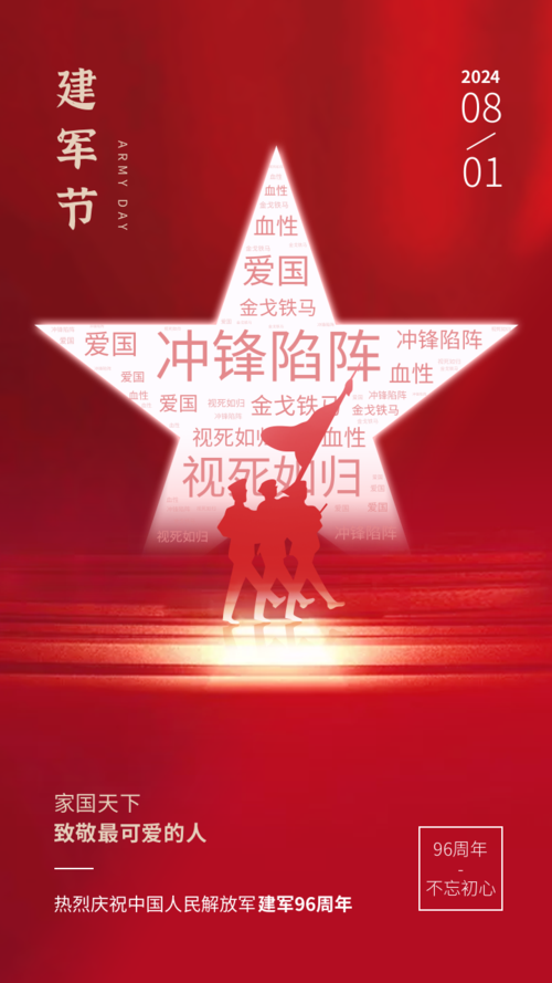 红色简约风建军节词云宣传祝福手机海报