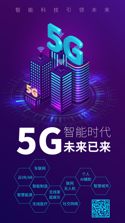 紫色插画风格5G时代应用范围海报