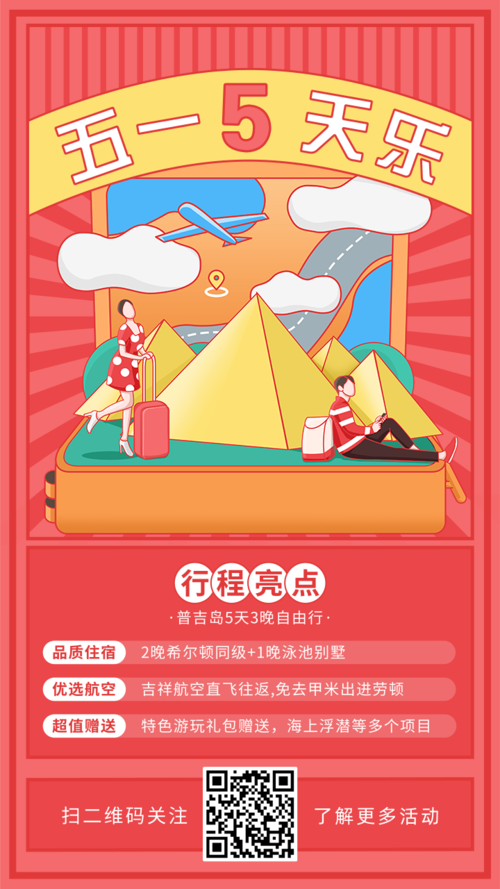 复古卡通5.1劳动节旅游手机海报