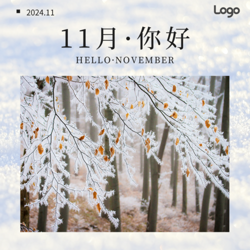 自然摄影雪景十一月初问候方形海报